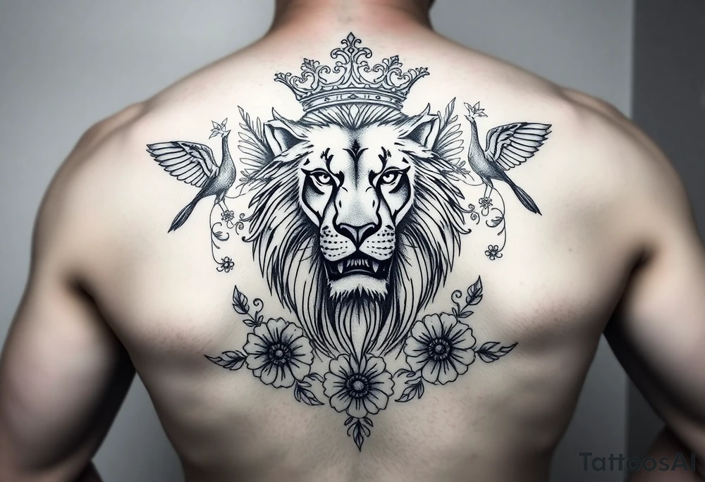 powerful majestic lion with a crown, surrounded by floral ornaments and birds tattoo idea