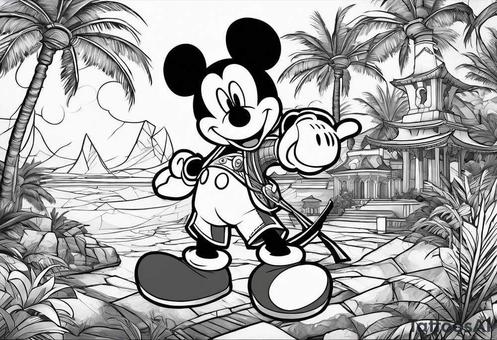 mickey mouse assassins creed character that is in the style of tron with palm trees tattoo idea