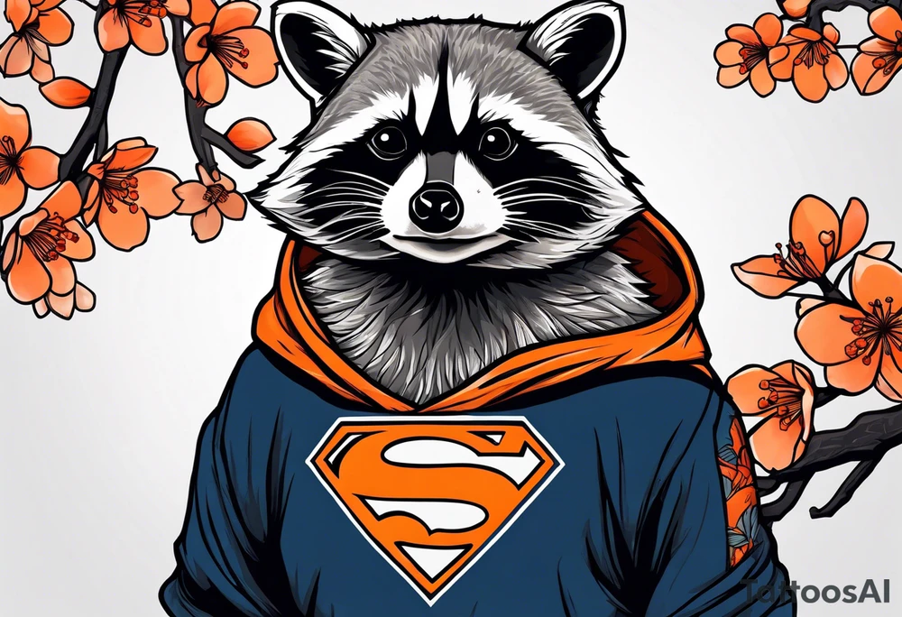 raccoon wearing a black and white Superman hoodie and orange Japanese cherry blossoms tattoo idea