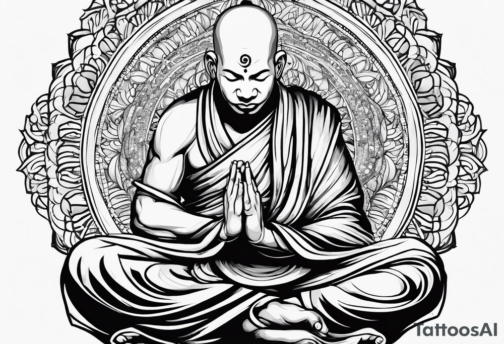 Monk head facing down seriously meditating while doing namaste hand full body tattoo idea