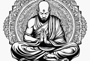 Monk head facing down seriously meditating while doing namaste hand full body tattoo idea