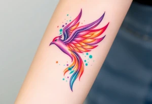 Phoenix with blazing flames with purple, orange, teal and green splashes tattoo idea
