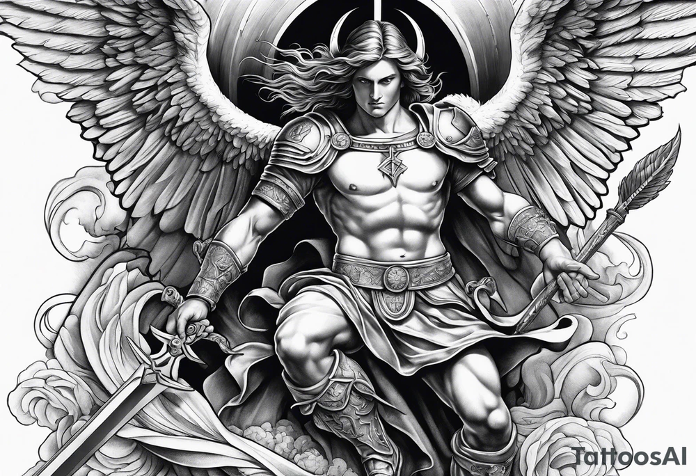 Arm sleeve of St Michael killing the devil tattoo idea