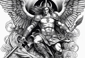 Arm sleeve of St Michael killing the devil tattoo idea