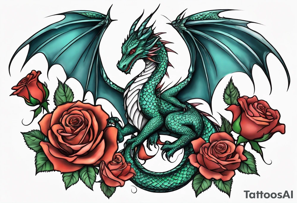 Mother dragon with wings spread with baby dragons on each side of the mother dragon and roses tattoo idea