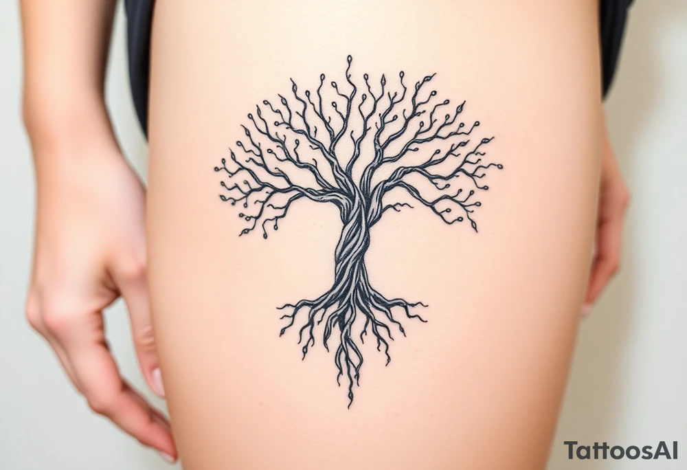 mystical tree of life with cosmic roots and celestial branches tattoo idea
