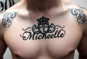 Create a tattoo on a man’s chest if a woman’s name. Claddagh and the name Michelle. Irish themed tattoo idea