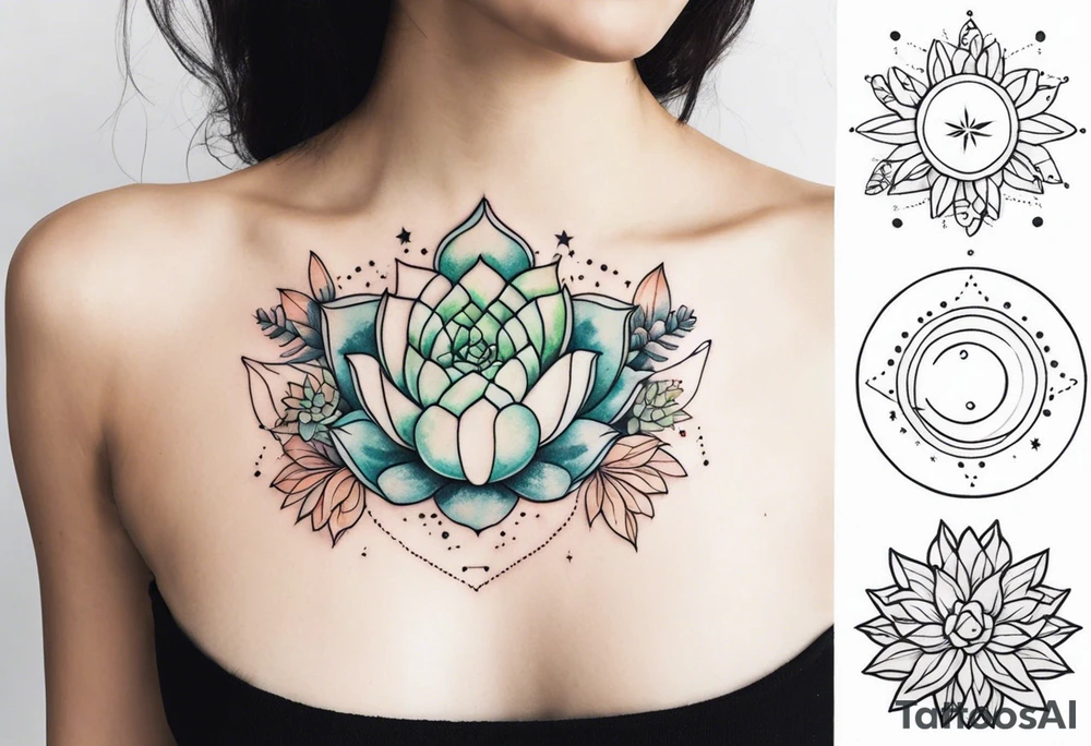 fine line with sun, stars, floral, dots, three succulents
. Sternum tattoo tattoo idea