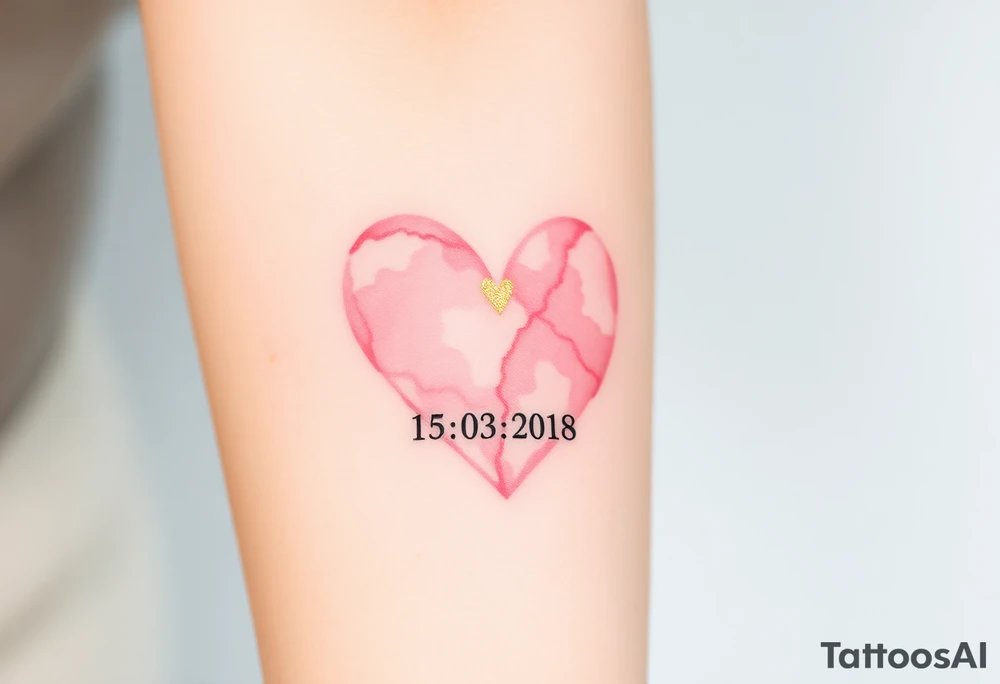 A soft watercolor heart in pastel pink and ivory, with golden dust accents, with wedding date 15.03.2018 tattoo idea