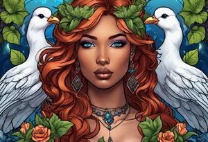 Black skin Aphrodite with auburn hair and ocean-blue eyes surrounded with doves and poison ivy sitting on a heart tattoo idea