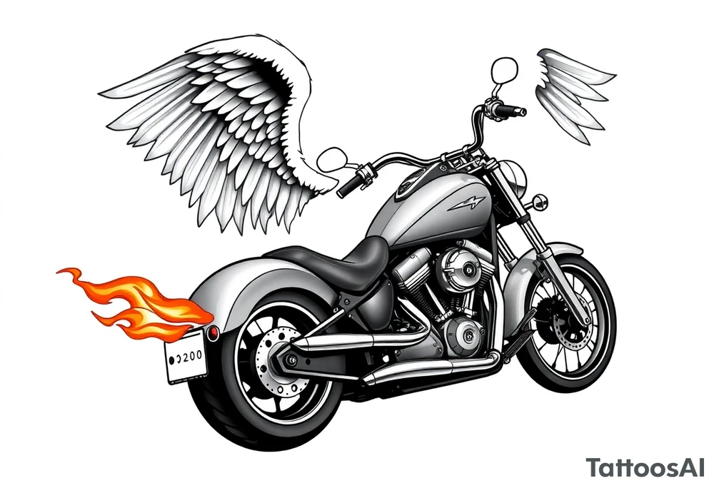 Low rider grey motorcycle, big muffler pipes with flames, angel wings, driving away, no person tattoo idea