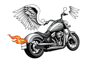 Low rider grey motorcycle, big muffler pipes with flames, angel wings, driving away, no person tattoo idea