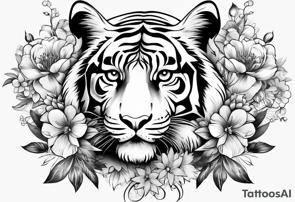 tiger, 3 butterflies, flowers for ladies thigh / hip shaded tattoo idea