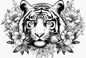 tiger, 3 butterflies, flowers for ladies thigh / hip shaded tattoo idea