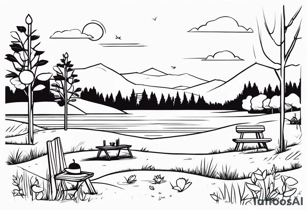 Very light and minimalstic picnic scene in nature. Thin lines. tattoo idea