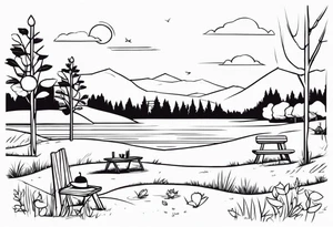 Very light and minimalstic picnic scene in nature. Thin lines. tattoo idea