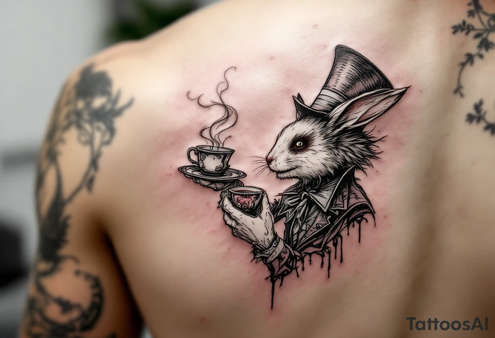 The mad hatter pouring a cup of 
tea into the white rabbits open brain tattoo idea