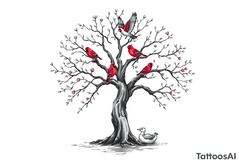 Tree of life with five flying birds two red cardinals sitting on the tree and a duck in a pond tattoo idea