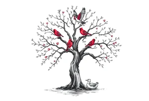 Tree of life with five flying birds two red cardinals sitting on the tree and a duck in a pond tattoo idea