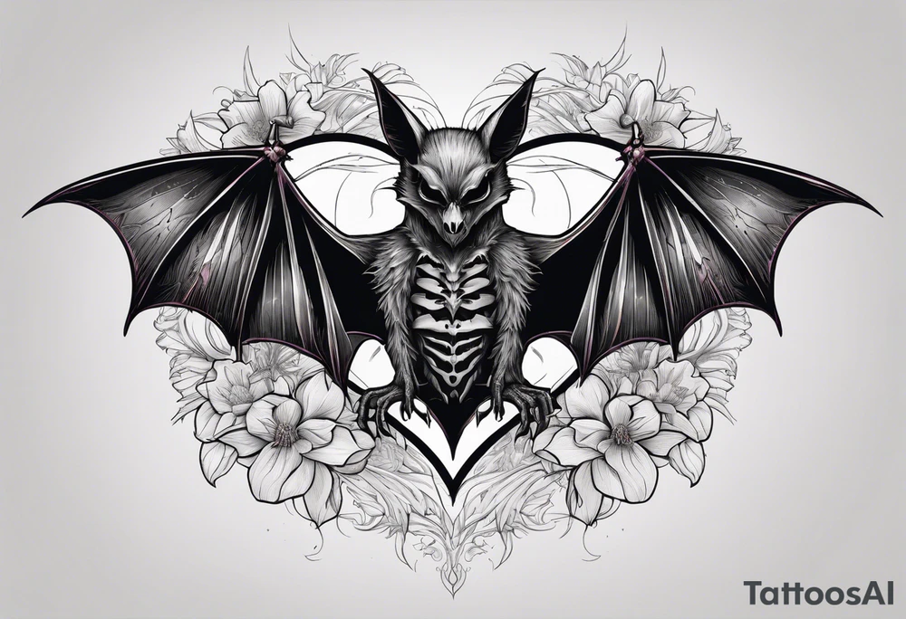 Evil bat holding a lycoris radiata, skeleton hands making heart shape around the bat, lycoris radiata thin flower petals accents surrounding the outside tattoo idea