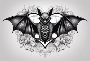 Evil bat holding a lycoris radiata, skeleton hands making heart shape around the bat, lycoris radiata thin flower petals accents surrounding the outside tattoo idea