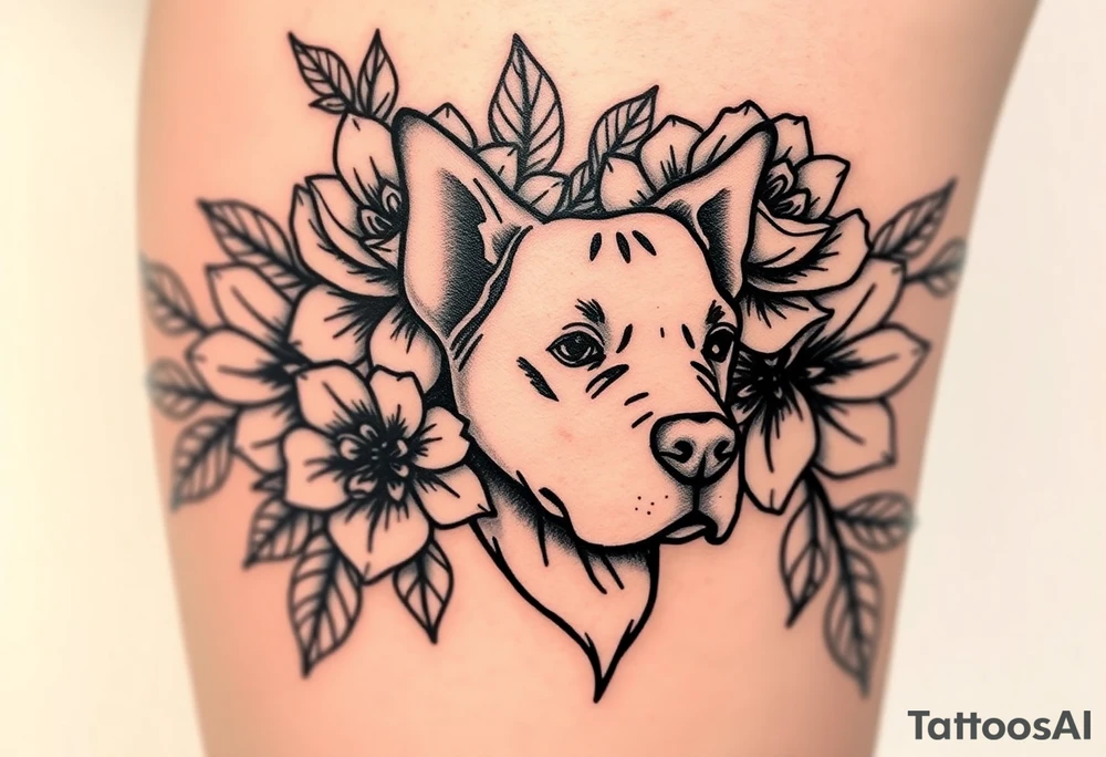 Floral design with peonies with an silhouette outline of a dogs face tattoo idea