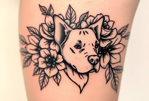 Floral design with peonies with an silhouette outline of a dogs face tattoo idea