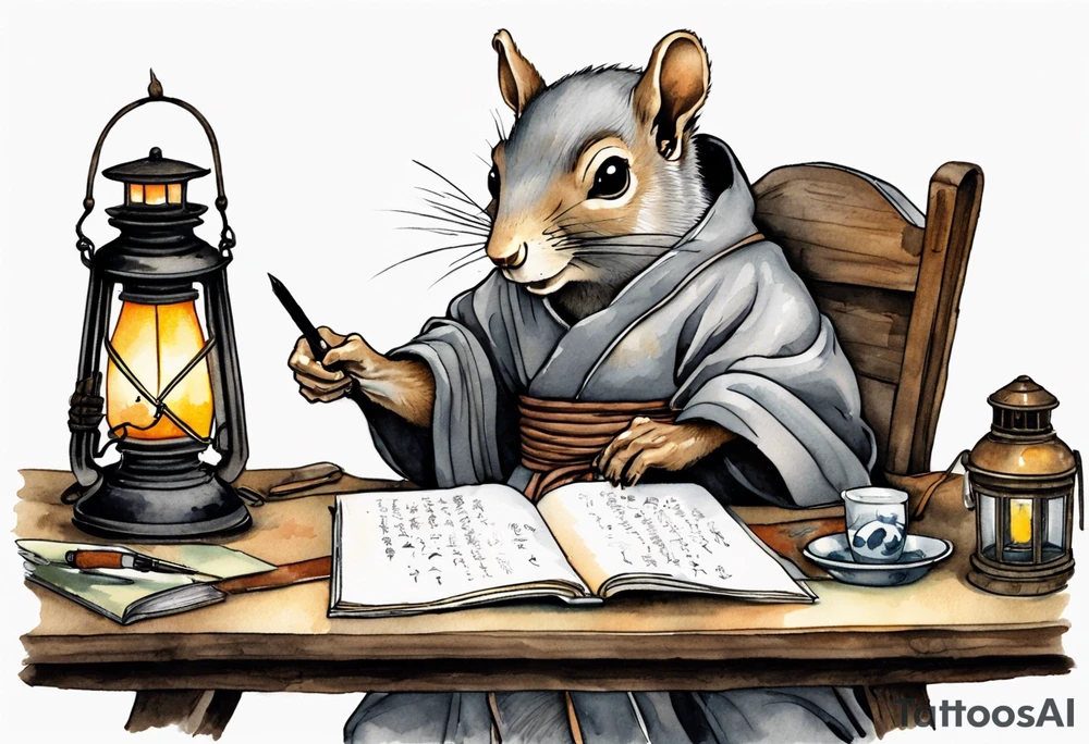 an elderly grey squirrel dressed in a monk robe wearing an eye patch sitting at a desk in the dark writing by a lantern tattoo idea