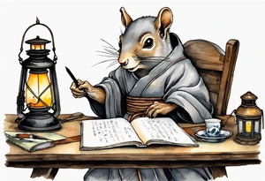 an elderly grey squirrel dressed in a monk robe wearing an eye patch sitting at a desk in the dark writing by a lantern tattoo idea