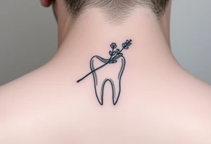 Fine-line molar tooth with a single delicate wildflower stem (like lavender or baby’s breath) leaning across it, soft dot-work shading, very light and airy, small behind-ear tattoo.” tattoo idea