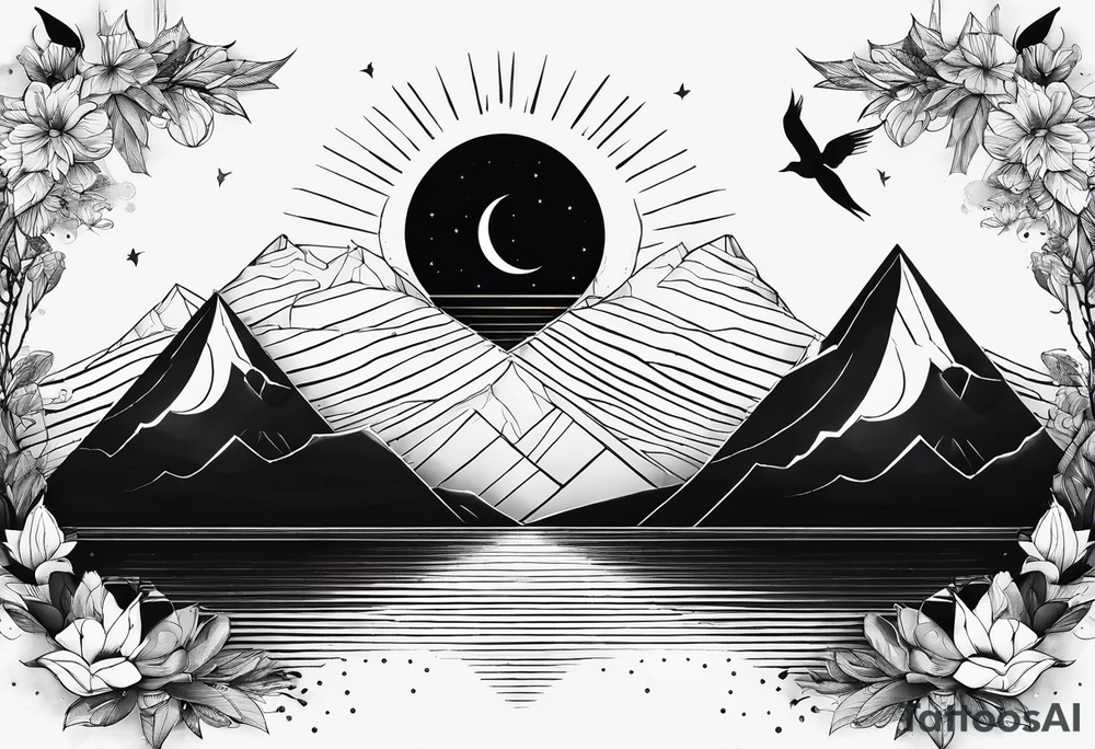 Linear composition, double triangle, unclosed delta, crescent moon, birds tattoo idea