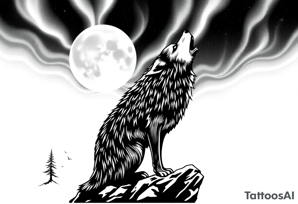 lone wolf howling at full moon with northern lights backdrop tattoo idea