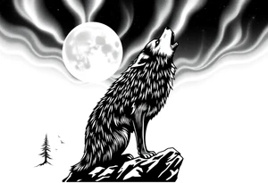 lone wolf howling at full moon with northern lights backdrop tattoo idea