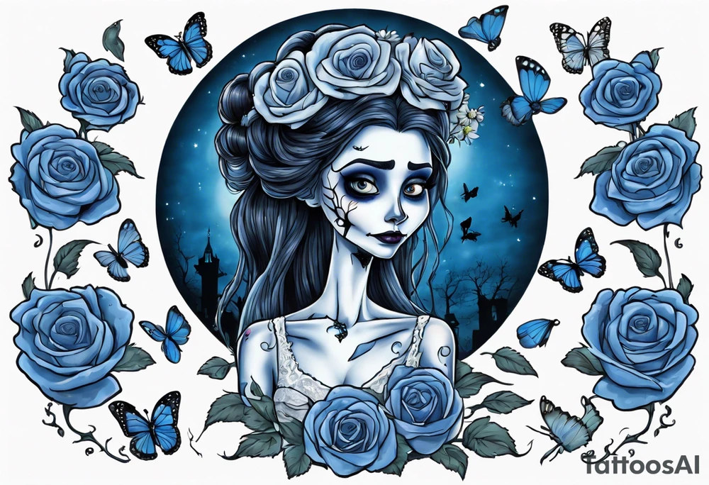 corpse bride Emily wearing a wedding dress. the vail on her head. she is holding a bouquet of blue roses in the middle of the bouquet  there is one white daisy. there is one blue butterfly flying around her. A full moon on the background. tattoo idea