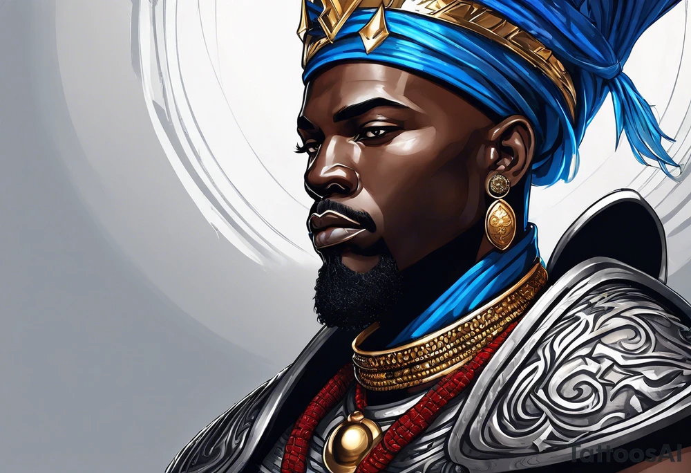 An african god, a bald black-skinned warrior, that uses a sword and a silver crown. He also uses blue and red necklaces tattoo idea