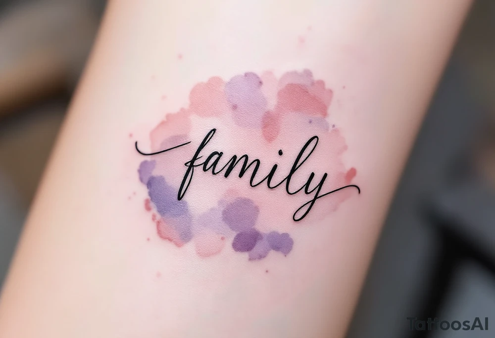 A watercolor splash in dusty rose and lavender behind the word family in sleek black ink. tattoo idea