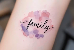 A watercolor splash in dusty rose and lavender behind the word family in sleek black ink. tattoo idea