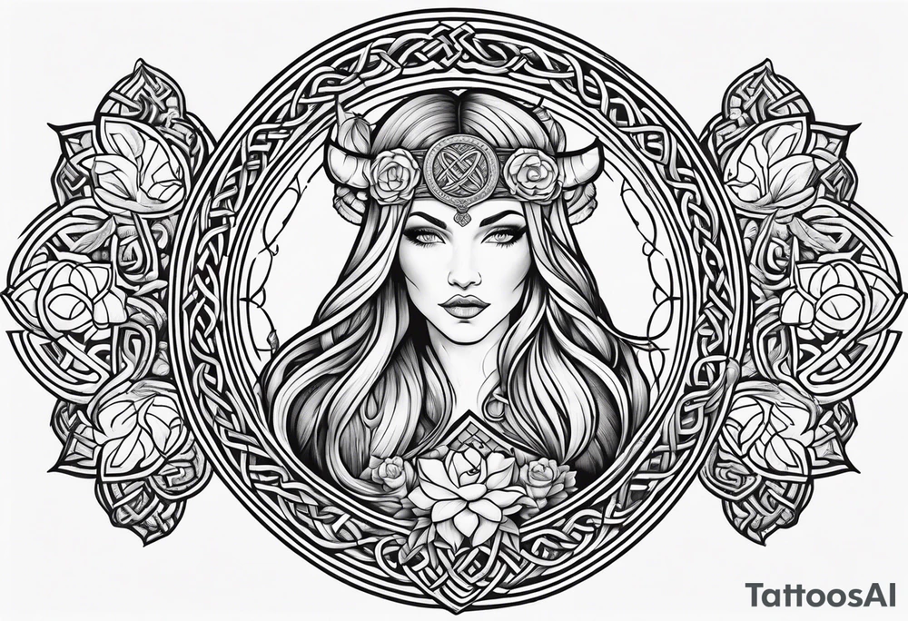Viking goddess, axes, moonlight, flowers, Celtic, bedroom eyes, circular border tattoo idea