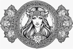 Viking goddess, axes, moonlight, flowers, Celtic, bedroom eyes, circular border tattoo idea