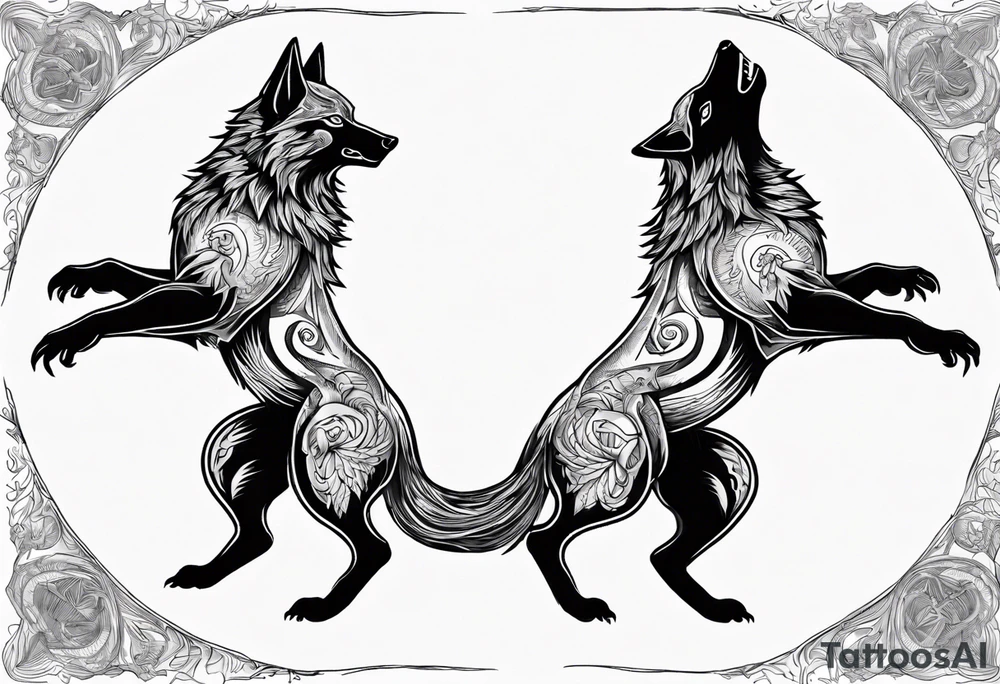 two wolves dancing on their hind legs. they should be facing each other and obviously dancing. they should be very basic with not many details within their shapes. tattoo idea
