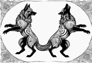 two wolves dancing on their hind legs. they should be facing each other and obviously dancing. they should be very basic with not many details within their shapes. tattoo idea