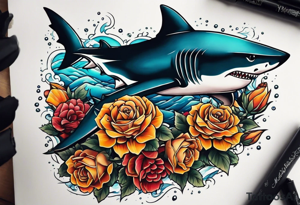 A fierce shark 
swimming upwards on a forearm, surrounded by vibrant roses, marigolds, and scattered shurikens. Include subtle shading and water elements for depth and movement. Flowers (roses, marigolds) should organically frame the shark and potentially wrap around its body. tattoo idea