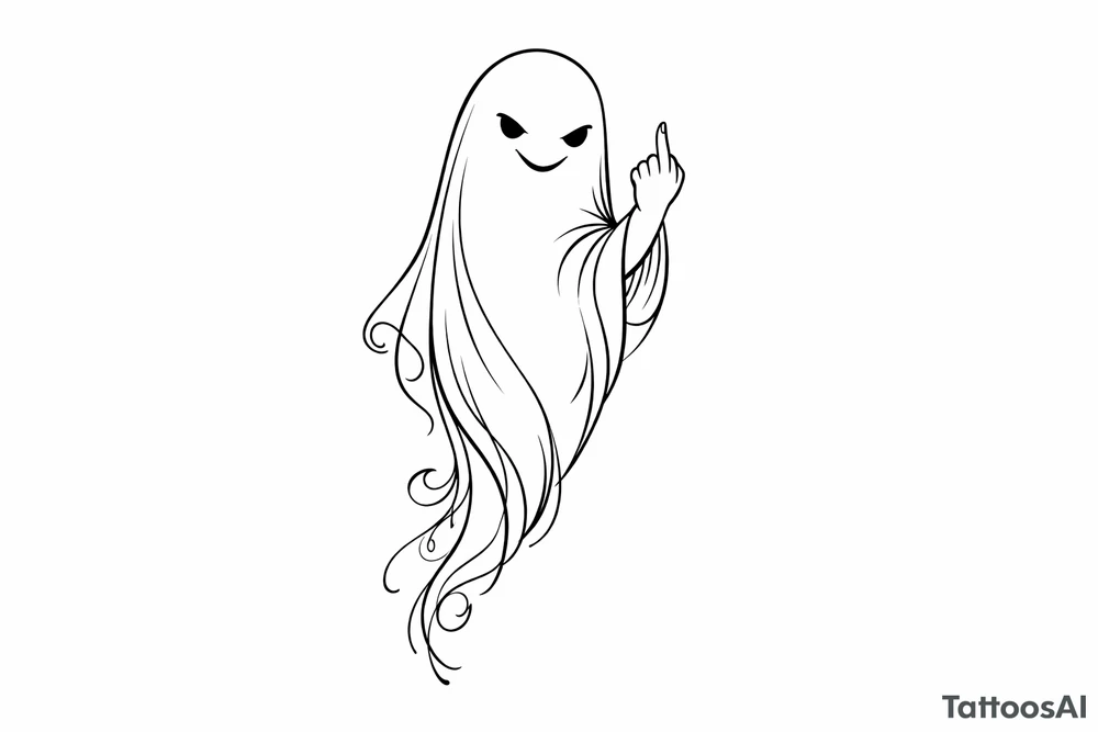 Minimalist line art ghost, cheekily raising middle finger, slender form. tattoo idea