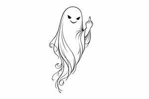 Minimalist line art ghost, cheekily raising middle finger, slender form. tattoo idea