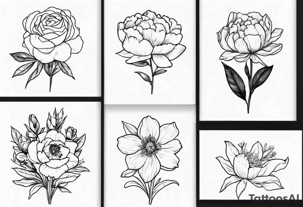 small flower bouquet with a peony, larkspur, rose, and daffodil with stems showing tattoo idea