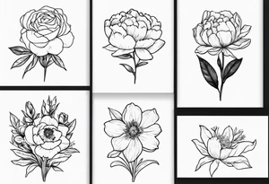 small flower bouquet with a peony, larkspur, rose, and daffodil with stems showing tattoo idea