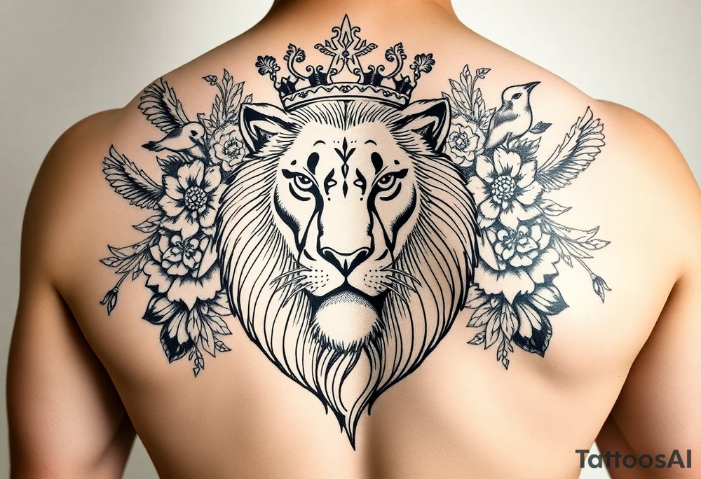 powerful majestic lion with a crown, surrounded by floral ornaments and birds tattoo idea