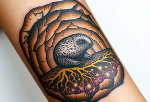 A mole depicted in underground tunnel in a cross-section with dark brown soil, golden roots, and hidden gems sparkling in the earth tattoo idea