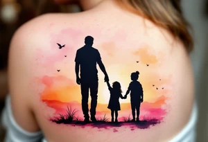 A silhouette of a father holding hands with two children at sunset, shaded in black with a soft orange and pink background. tattoo idea