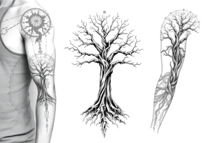 mystical tree of life with cosmic roots and celestial branches tattoo idea